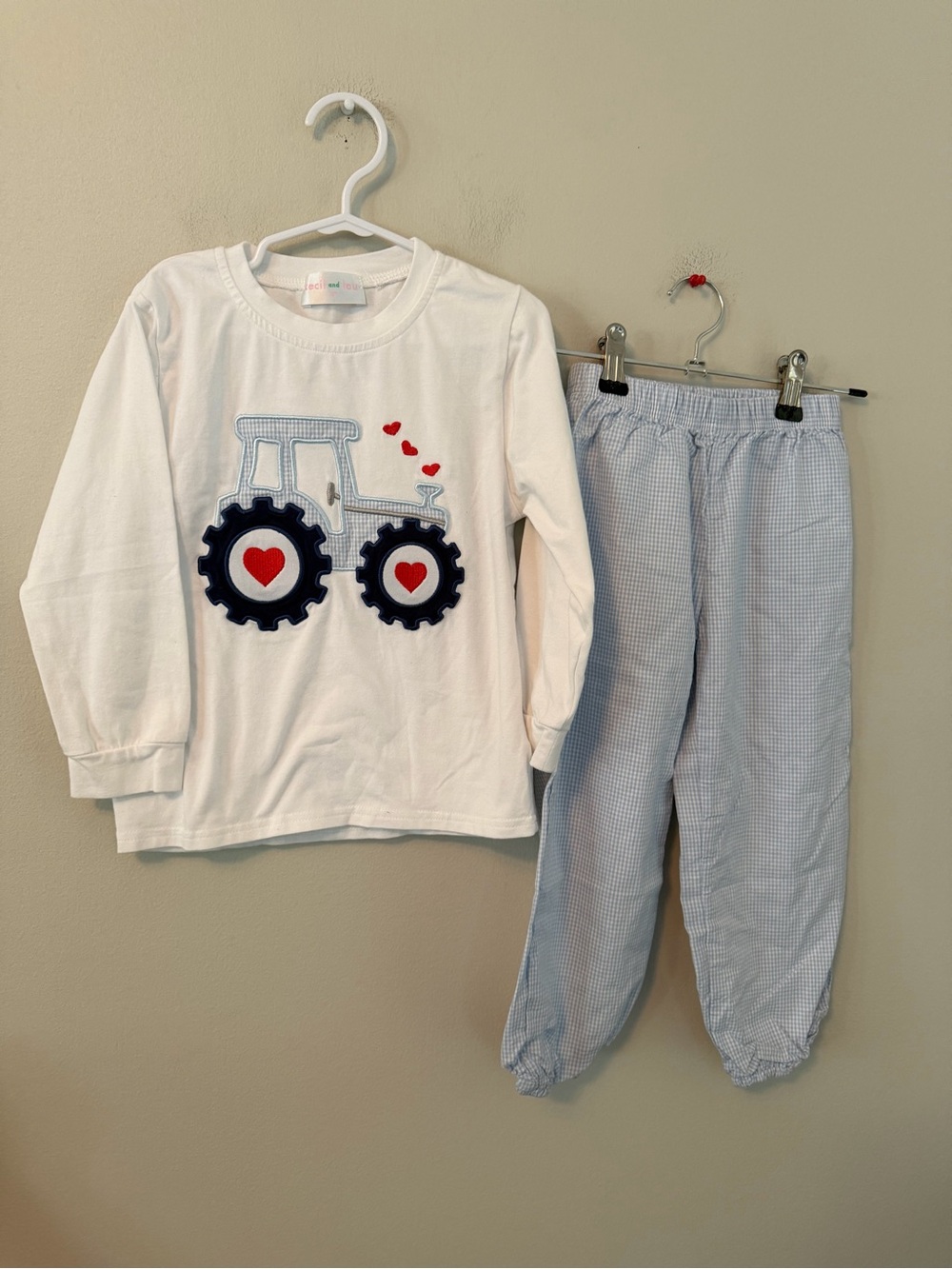 Cecil and Lou White Tractor Shirt with Blue Gingham Pants